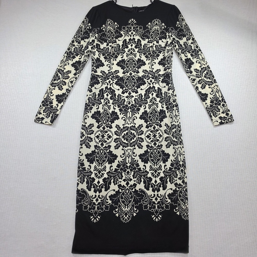 Maggy London Black Cream Damask Sheath Dress Size 4 Long Sleeve Dark Academia